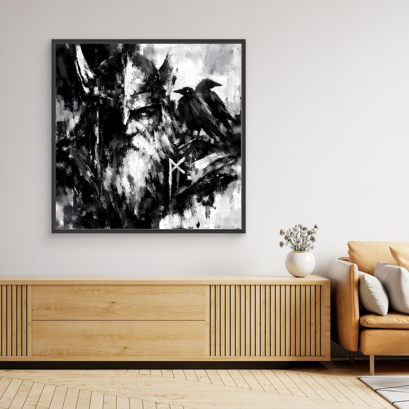 Wandbild auf Leinwand mit Wikinger-Gesicht und Rabe, schwarzer Rahmen