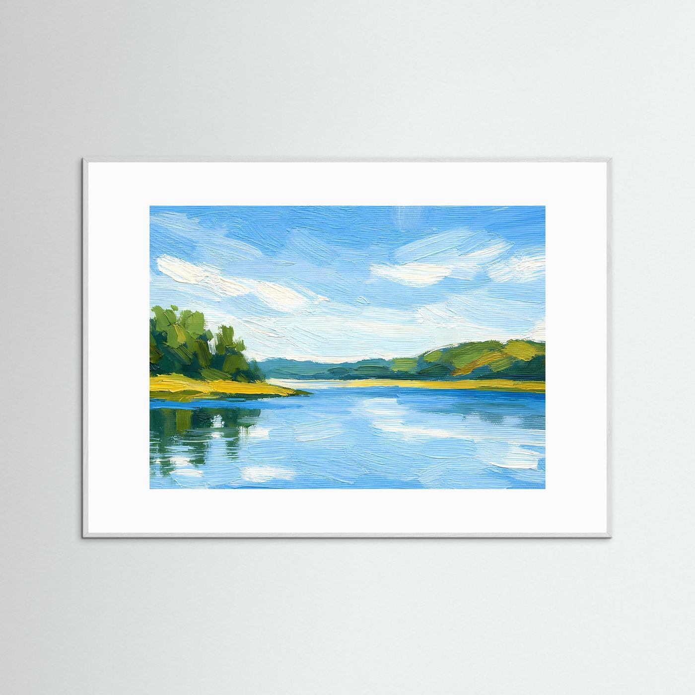 Wandbild mit Flusslandschaft, blaugrünen Hügeln und Himmel im hellgrauen Rahmen