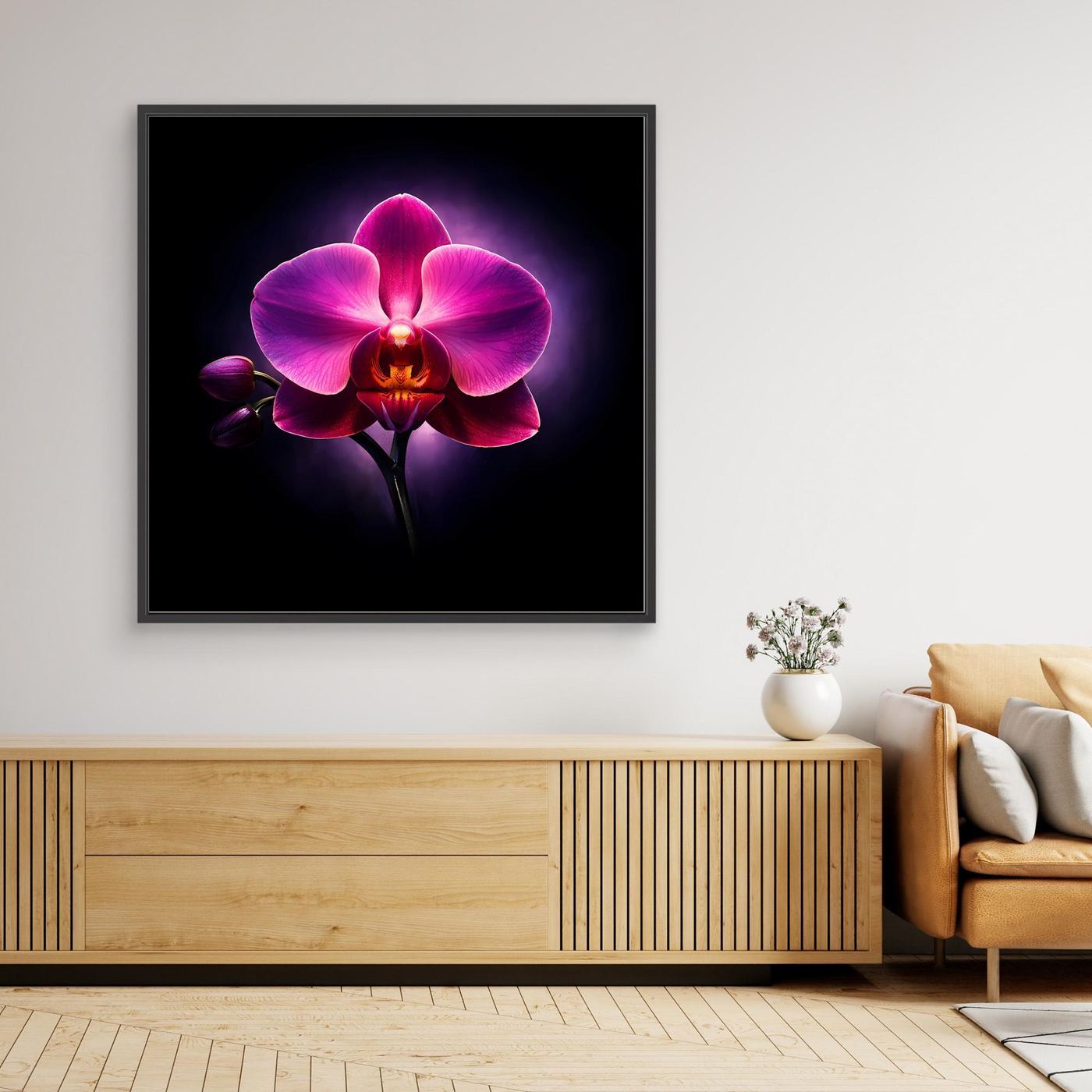 Leinwandbild mit leuchtender Orchidee, schwarzer Hintergrund, schwarzer Rahmen