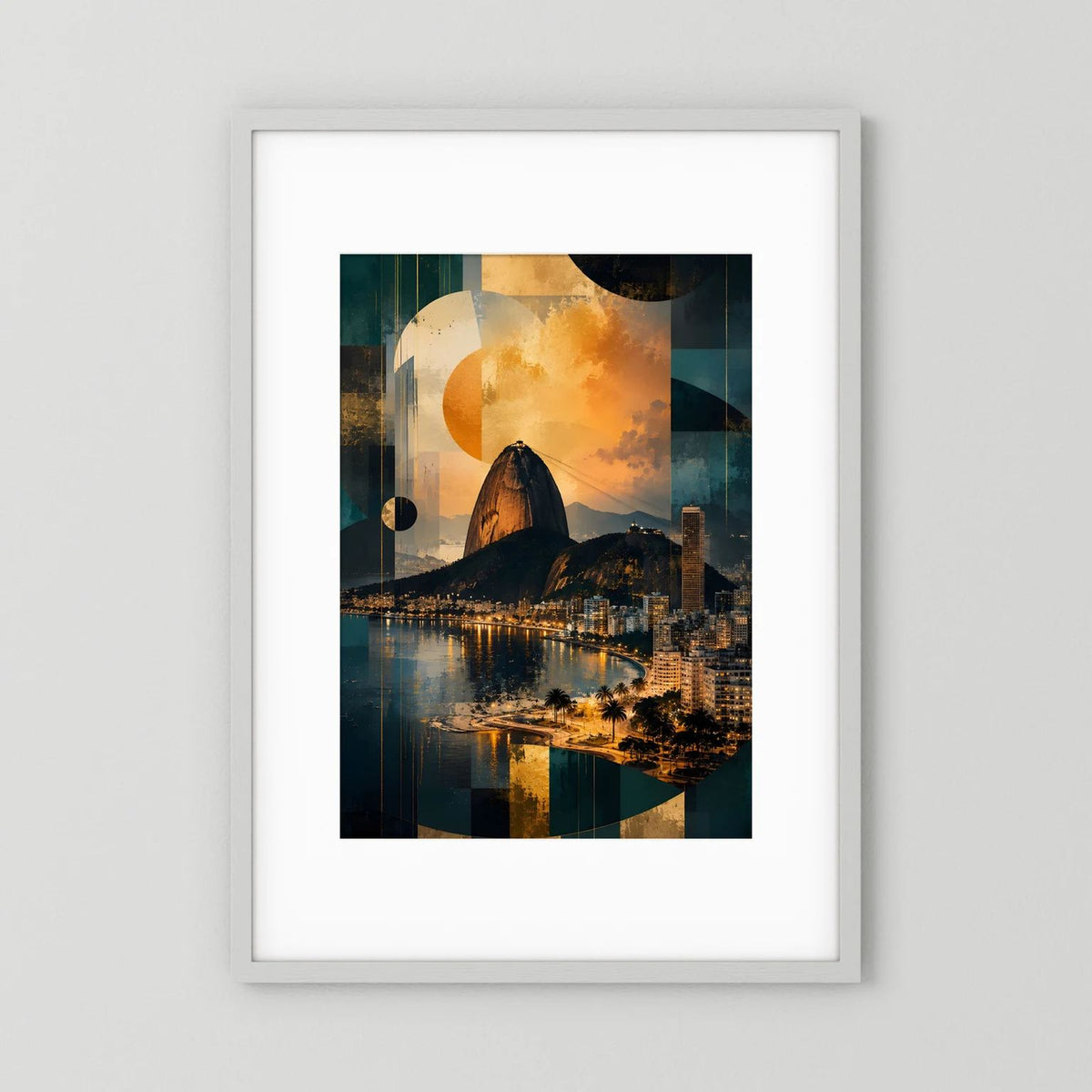 Hochformat-Poster im hellen Rahmen, abstrakte Skyline mit Zuckerhut in Petrol & Gold