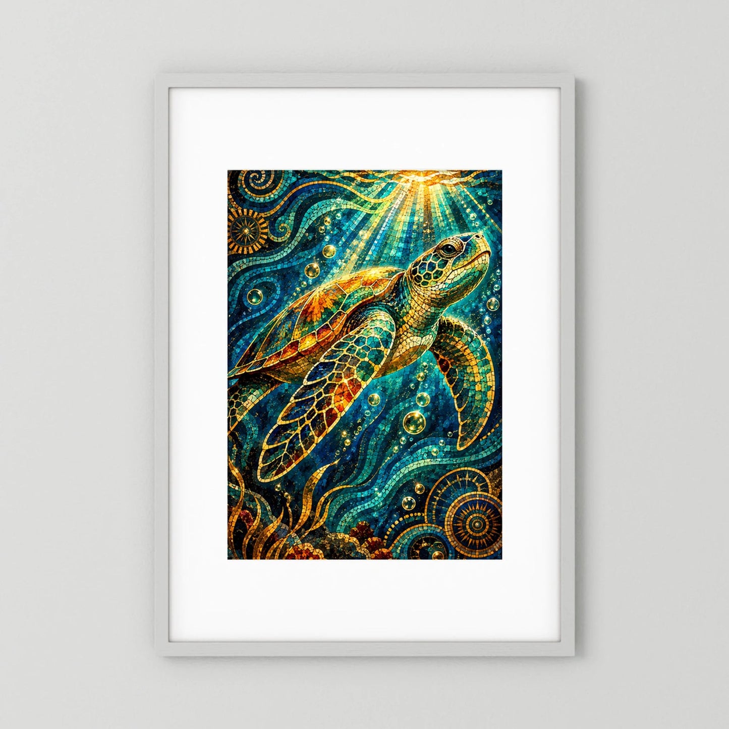 Gerahmtes Kunstposter mit Meeresschildkröten im türkisen Gold-Mosaik, Hochformat