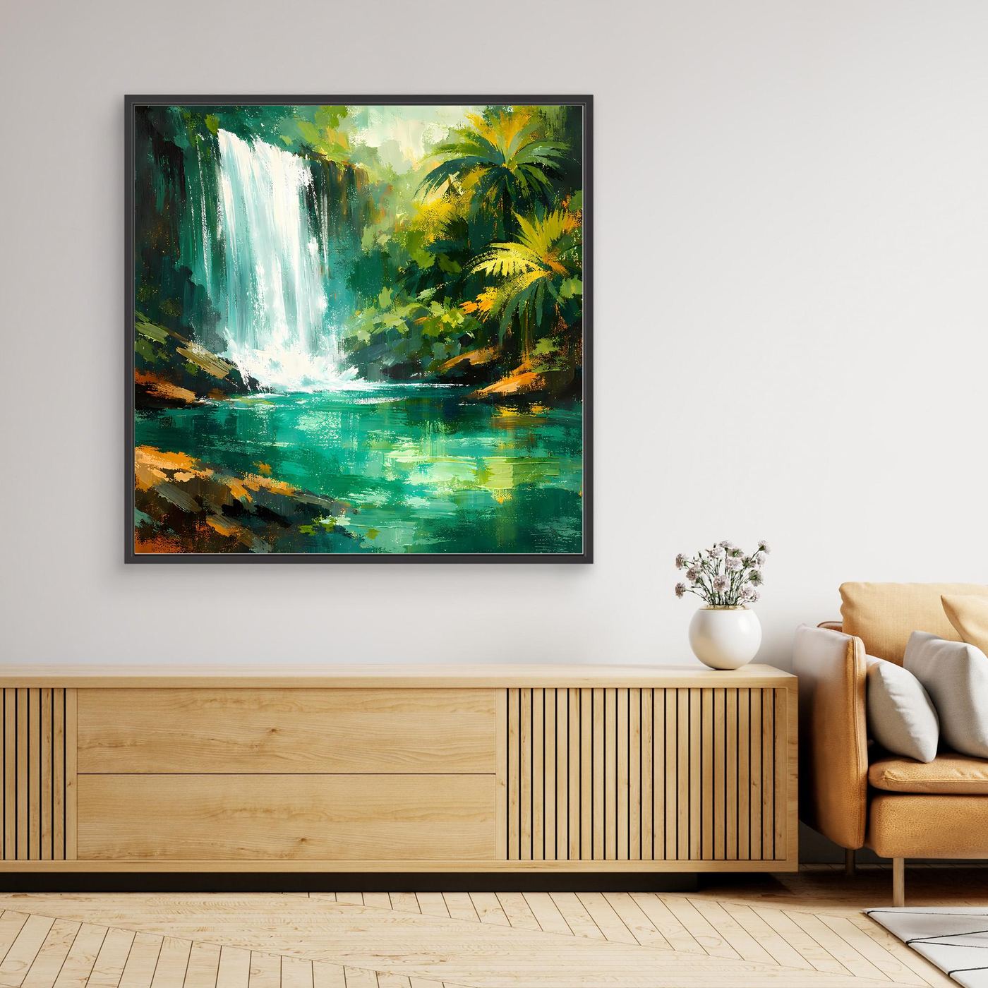 Leinwand Abstraktes Dschungel Wandbild mit Wasserfall | Modernes Natur Kunstwerk Grün