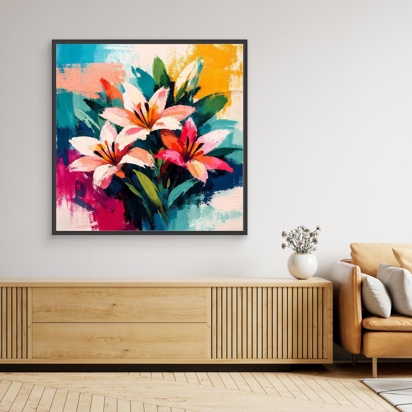 Framed canvas wall art with colorful flower bouquet, black frame