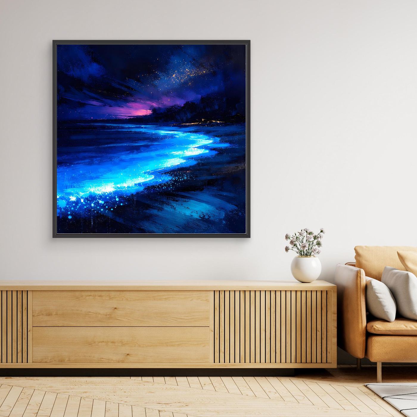 Leinwand Biolumineszierender Strand bei Nacht | Magische Wandkunst auf echter Leinwand