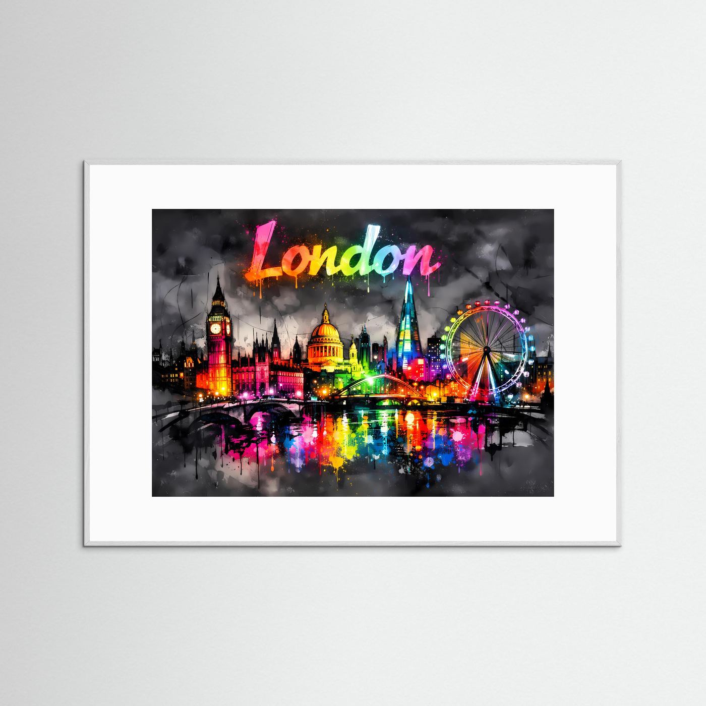 Neon-Splash-Poster im Querformat: London-Skyline mit Schriftzug, weißer Rahmen