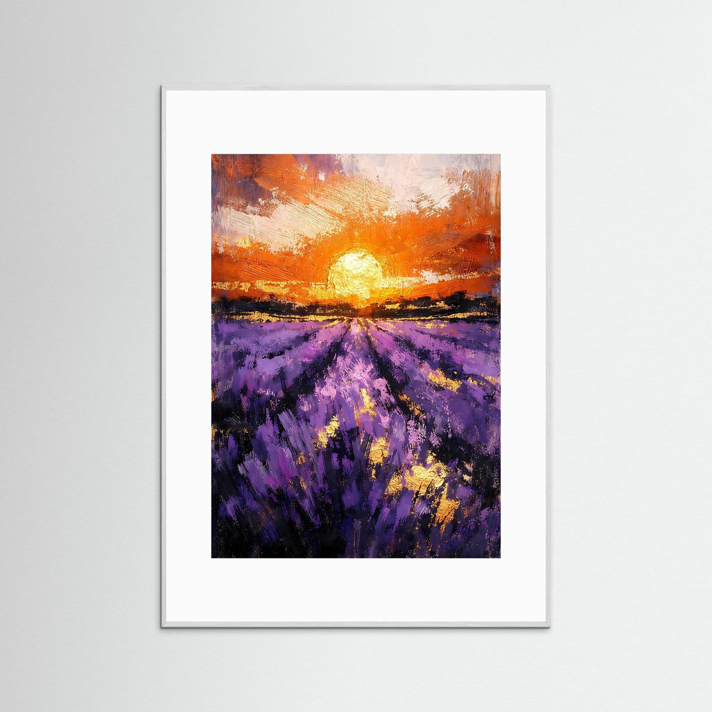 Abstraktes Landschaftsposter im hellen Holzrahmen: violettes Lavendelfeld bei orangefarbenem Sonnenuntergang