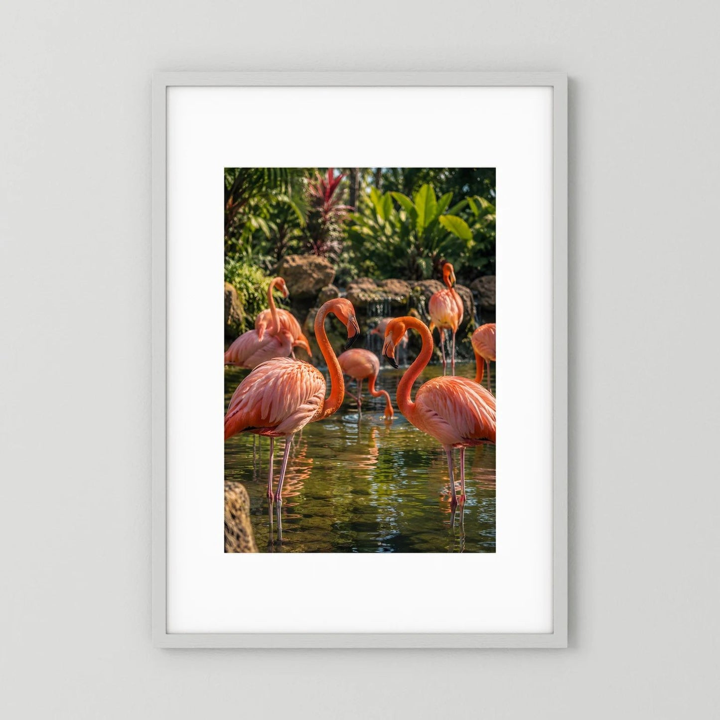 Gerahmter Posterdruck mit rosa Flamingos am Wasser und tropischem Grün im Hochformat