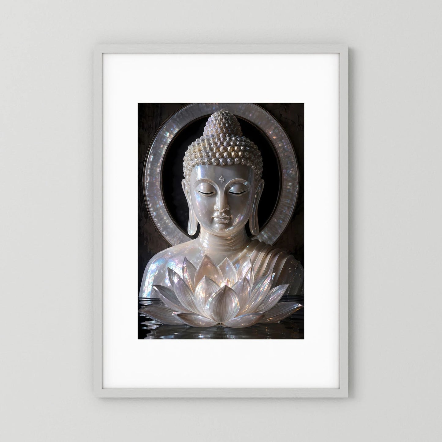 Gerahmtes Porträtposter mit Buddha-Büste und Lotusblüte in Perloptik