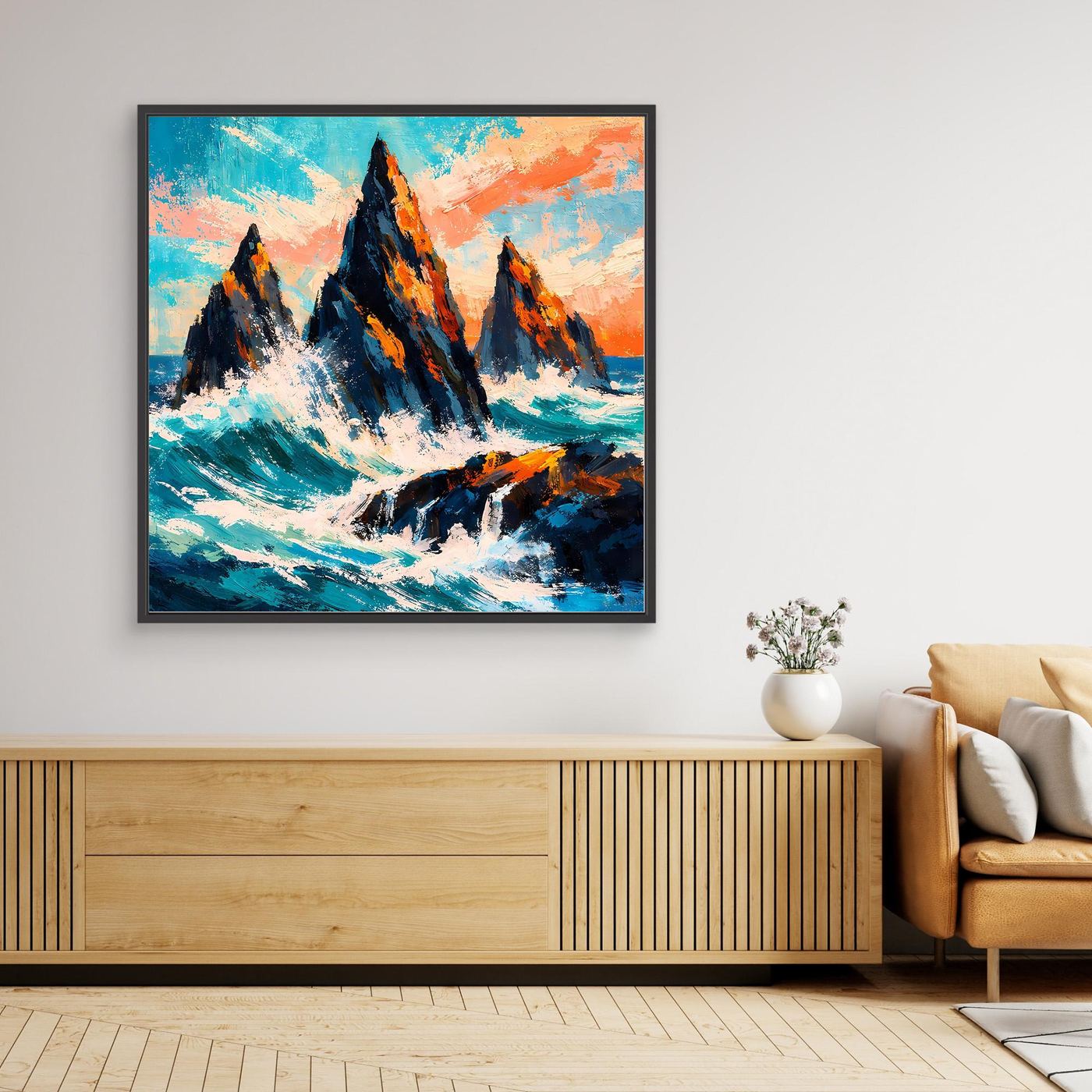Abstraktes Leinwand-Wandbild: ozeanblaue Welle, dunkle Felsklippen im schwarzen Rahmen