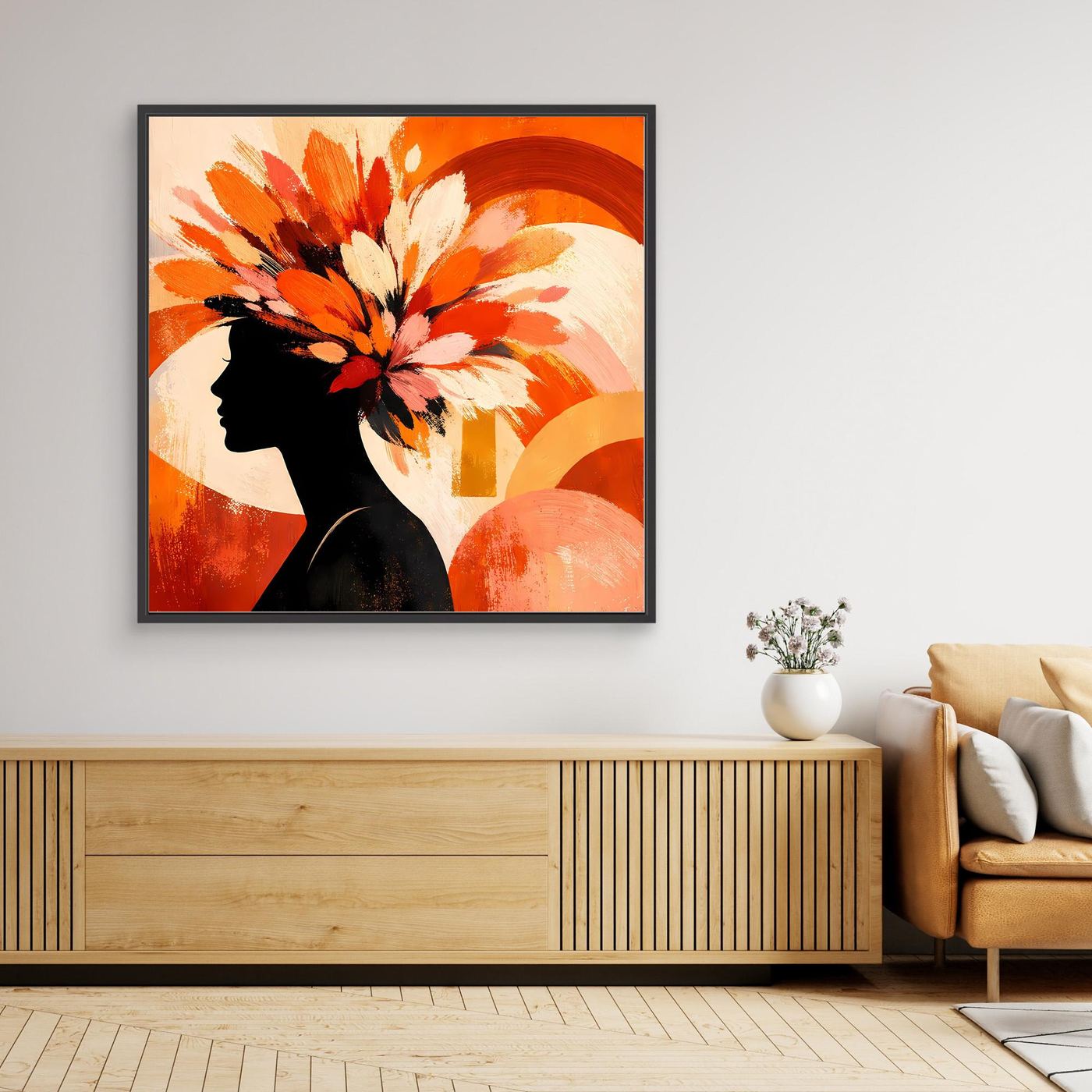 Leinwandbild mit Frauen-Silhouette im Blumenmotiv, schwarz gerahmt, abstraktes Modern-Design