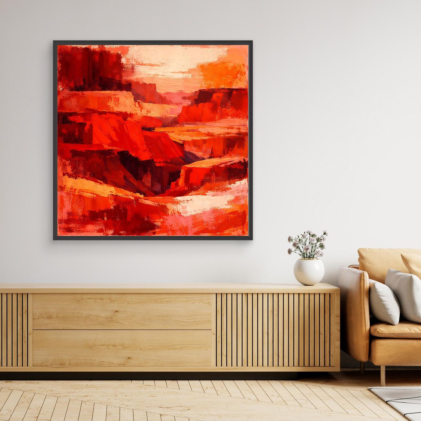 Gerahmtes Leinwand-Wandbild, abstrakte Canyonlandschaft in Rot/Orange, schwarzer Rahmen