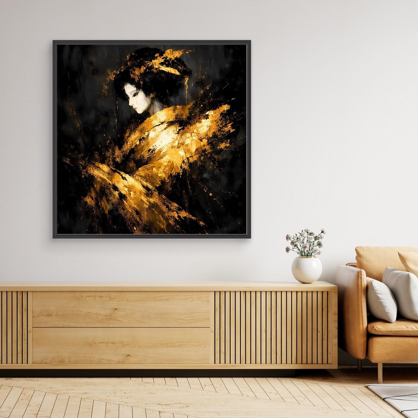 Leinwand Elegante Goldene Geisha | Abstraktes Asiatisches Wandbild