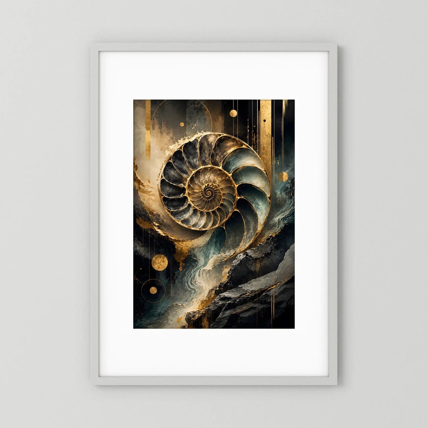 Gerahmtes Ammonit-Poster mit goldener Spirale in Schwarz und Petrol, hochkant