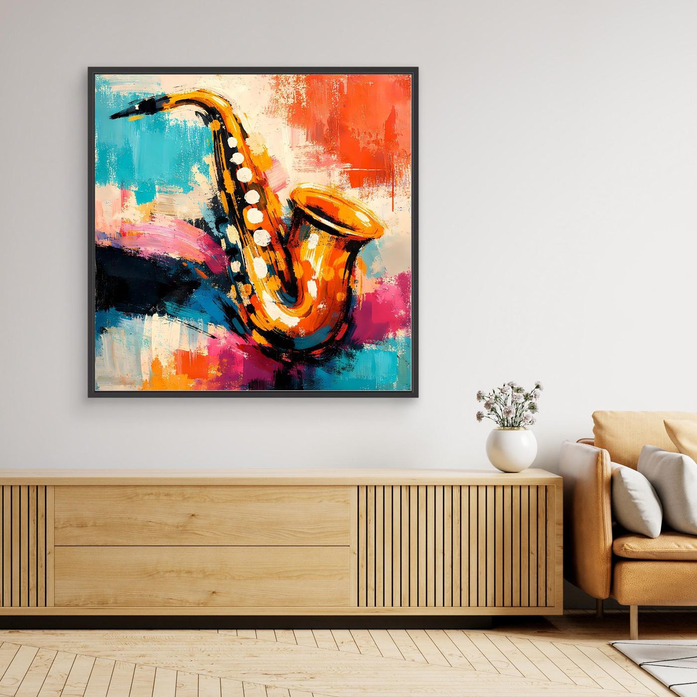 Abstract saxophone wall art with colorful strokes, black frame