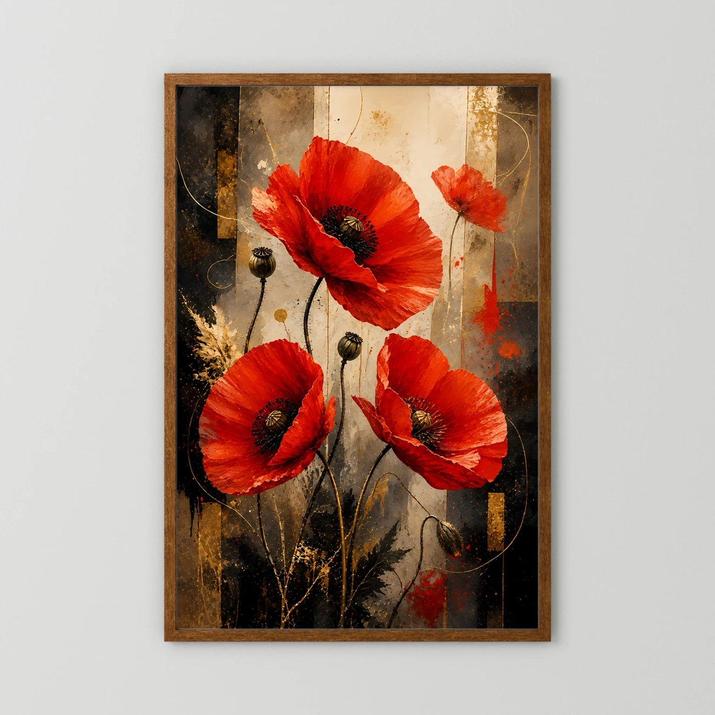 Roter Mohn in Gold & Schwarz | Elegante florale Kunst | Poster Hochformat
