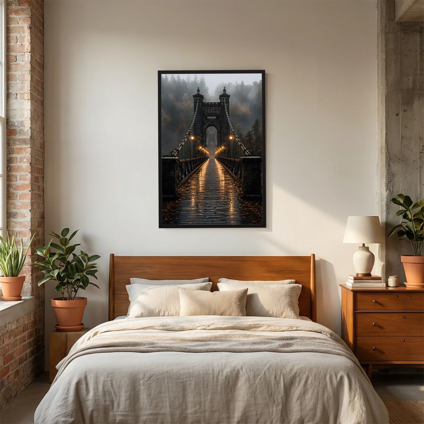 Gerahmtes Hochformat-Poster mit Hängebrücke im Nebelwald, Laternen im warmen Licht