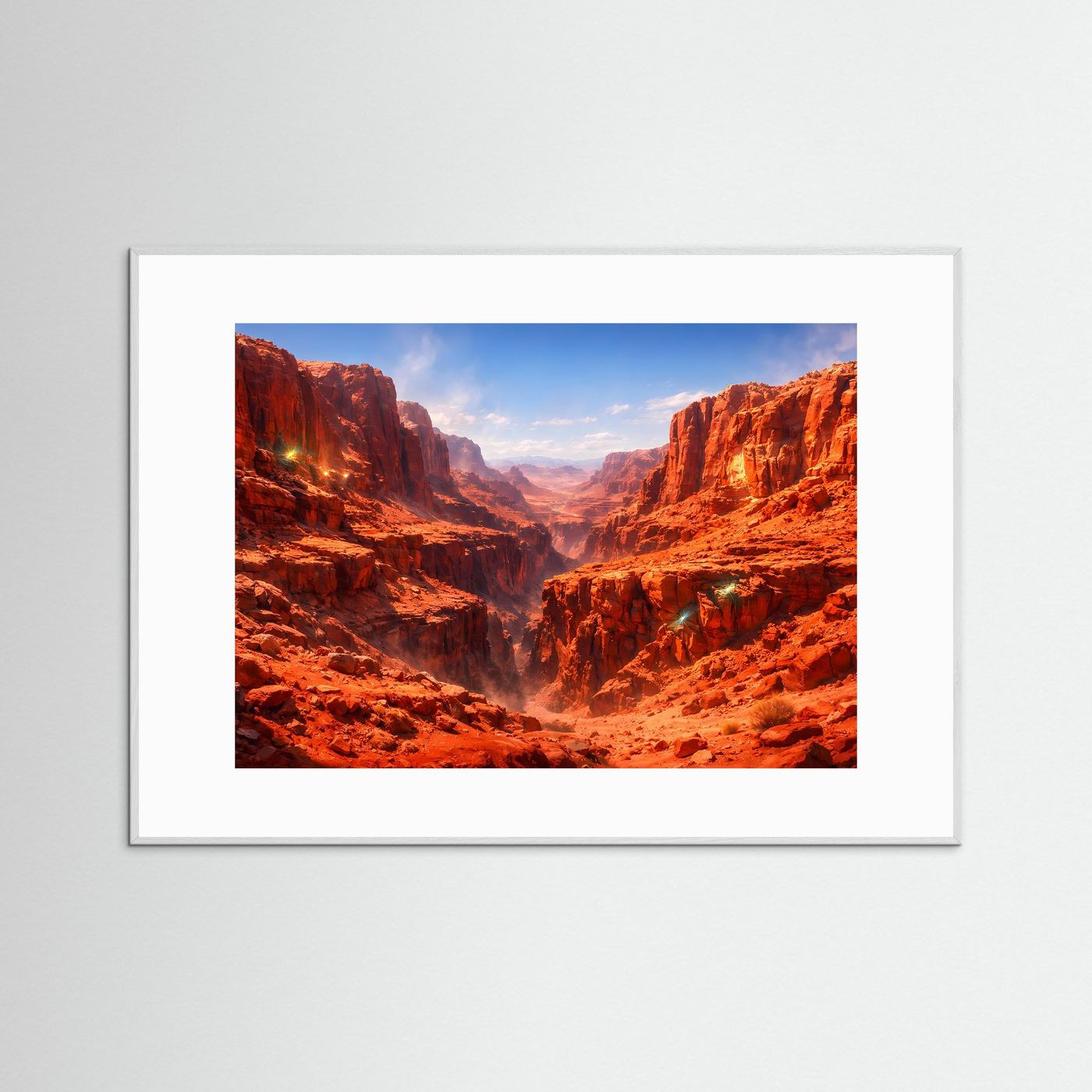Wüsten-Canyon-Poster im Querformat mit schmalem grauem Rahmen und weißem Passepartout