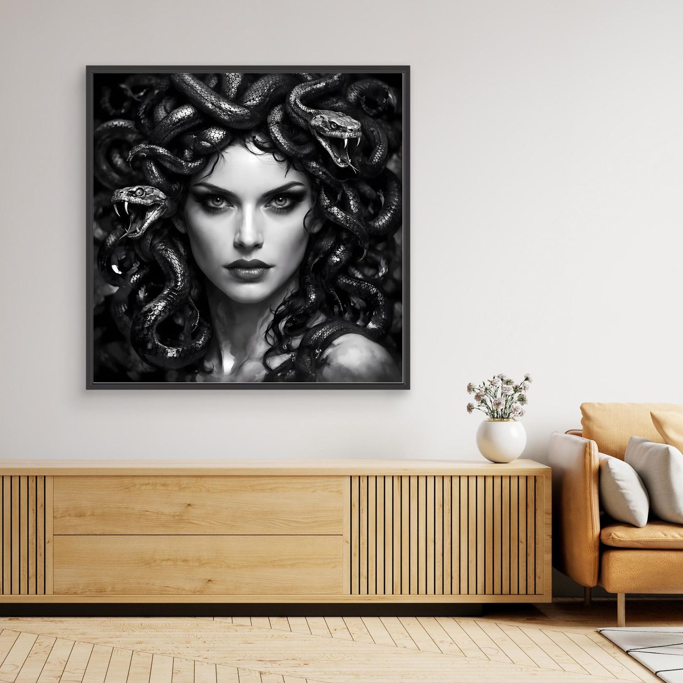 Leinwand Mystische Medusa im Schlangenkleid | Düsteres Mythologie Wandbild