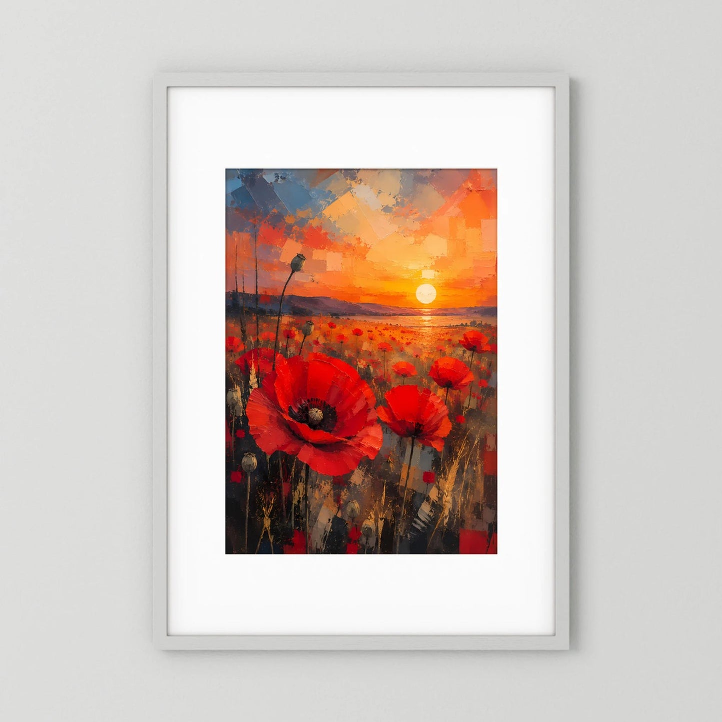 Gerahmtes Hochformat-Poster: rote Mohnblumen, orange Sonnenuntergang