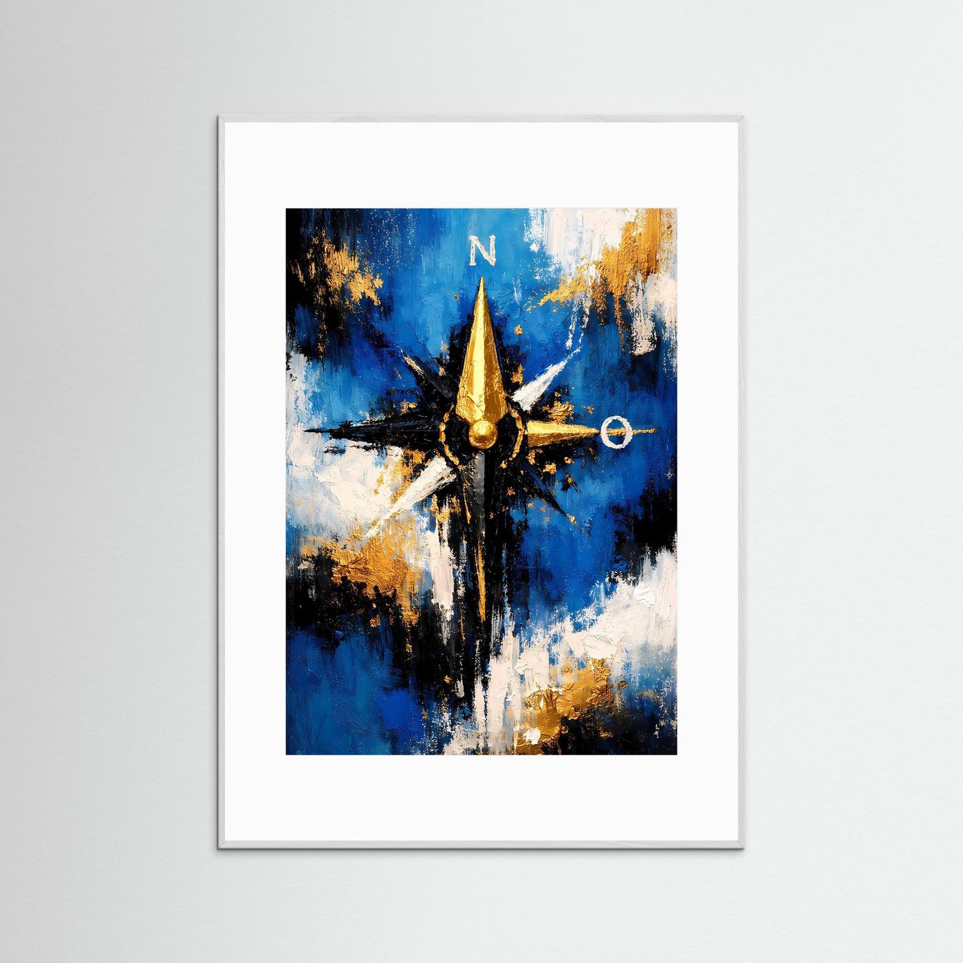 Hochformatiges Kunstposter mit goldener Kompassrose, blau-abstraktem Motiv, silberner Rahmen