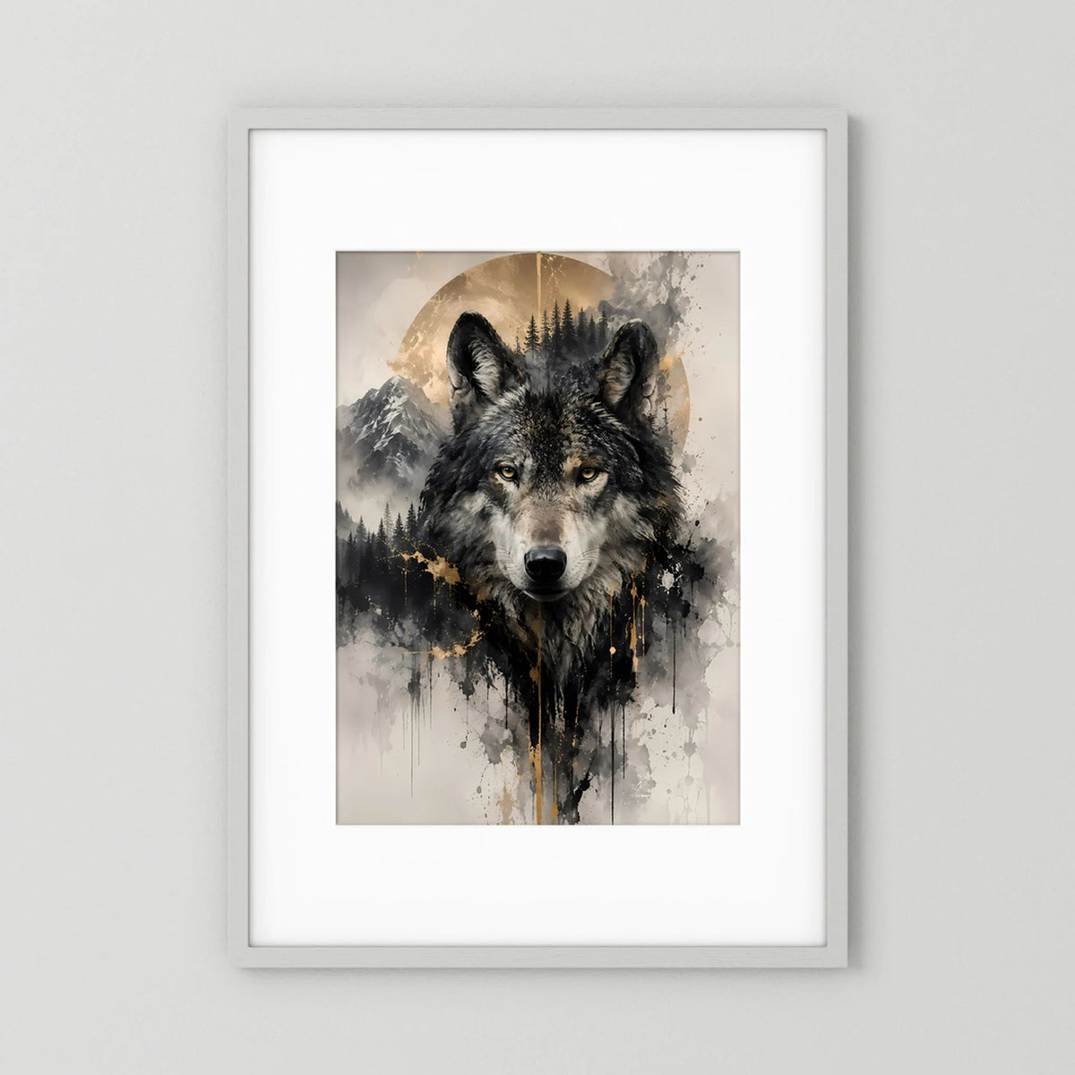 Hochformatiges Wolfsposter mit dunklem Wolfsporträt und goldenen Akzenten