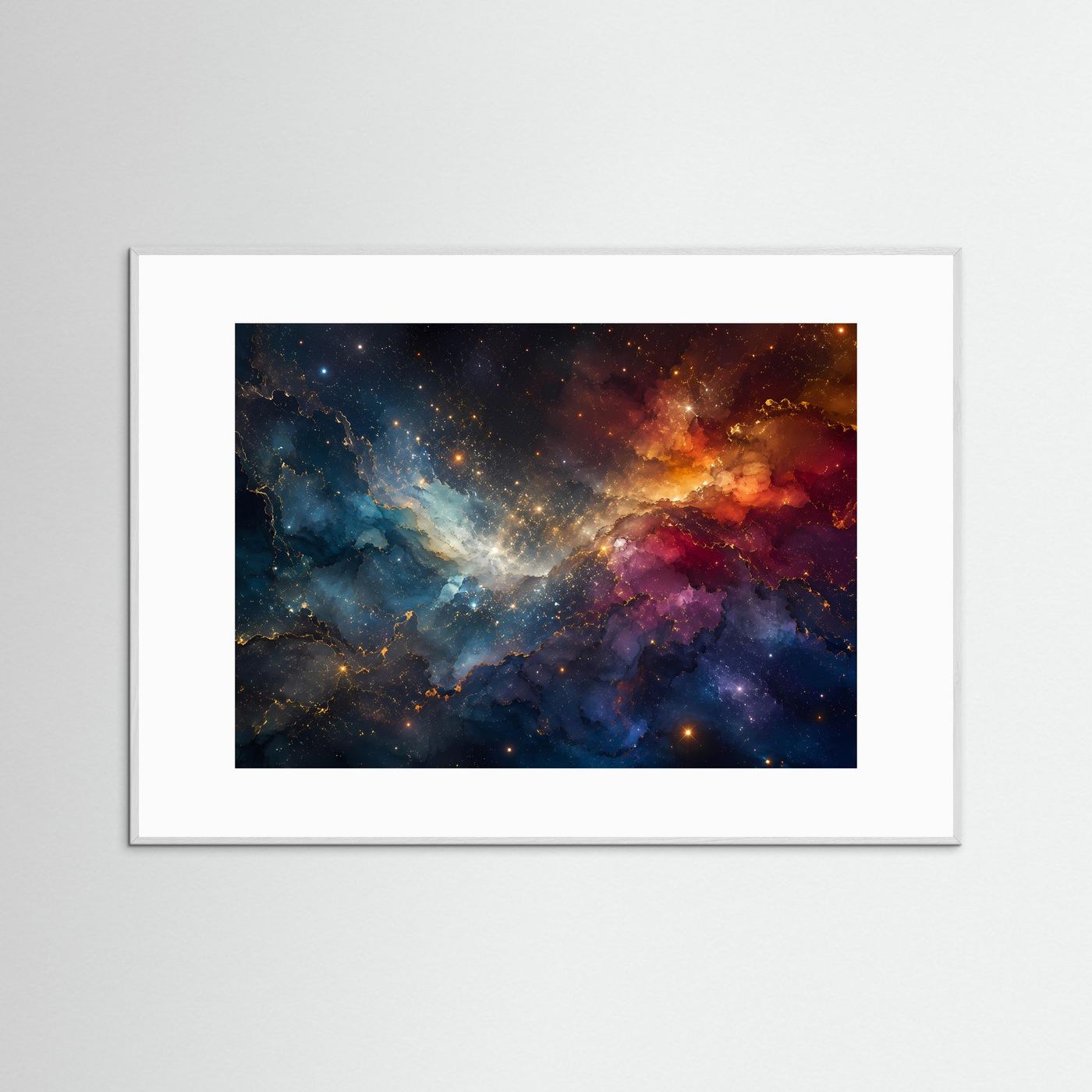 Wandkunst mit kosmischer Galaxie in Blau, Violett und Gold, weißer Holzrahmen