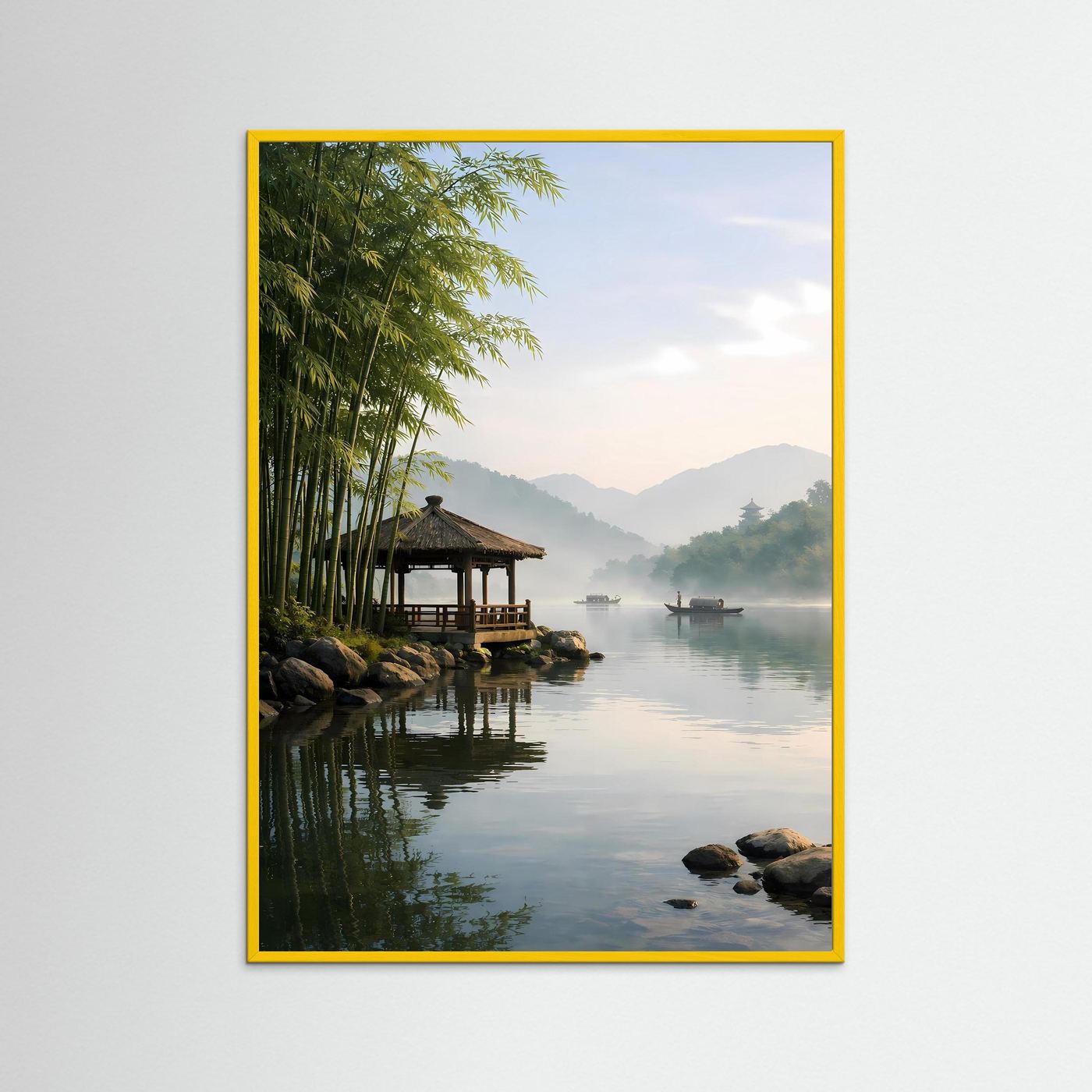 Poster Traditioneller Pavillon am Bambus-Flussufer | Klares Asiatisches Wandbild