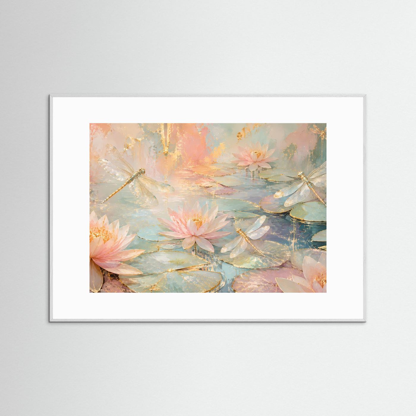 Pastell-Wandbild mit Seerosen, Libellen und Lotusblüten im Teich, in weißem Rahmen