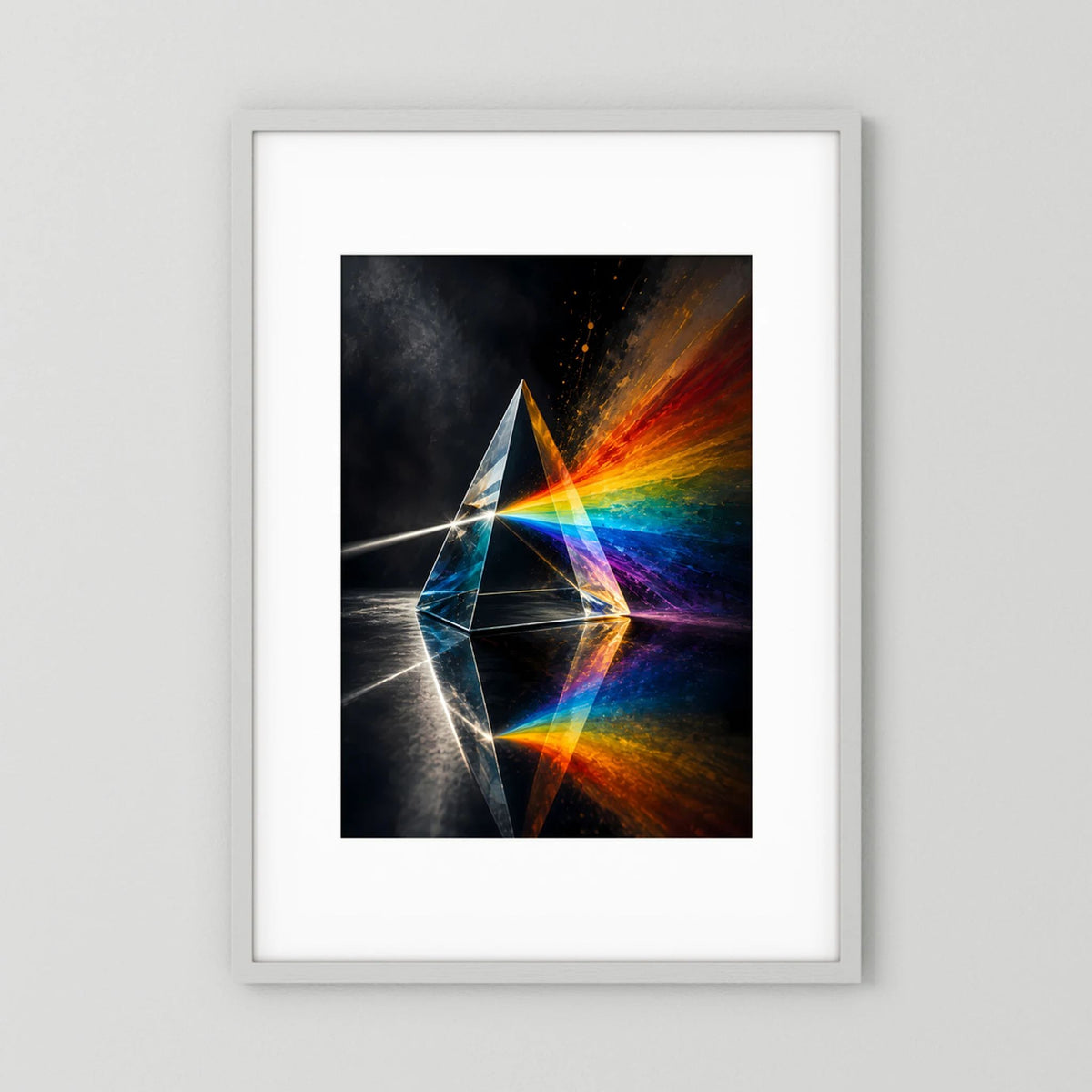Hochformatiges Poster mit Prisma und Regenbogen-Spektrum im weißen Bilderrahmen