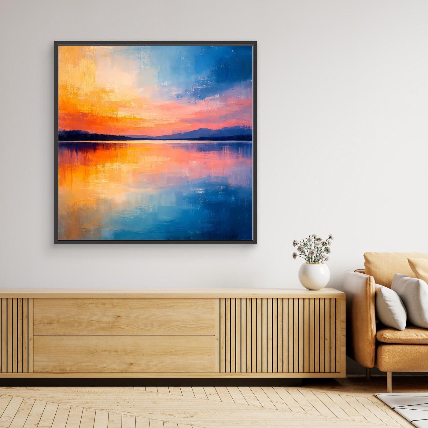 Gerahmtes abstraktes Wandbild auf Leinwand mit See-Reflexionen, schwarzer Rahmen