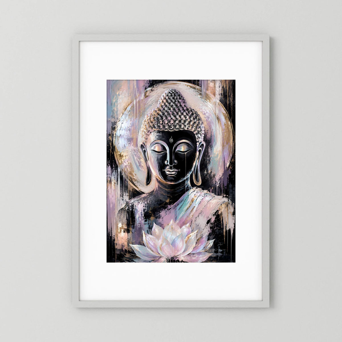 Hochformatiges Poster mit Buddha-Gesicht in Pastellfarben und Lotusblüte, gerahmt