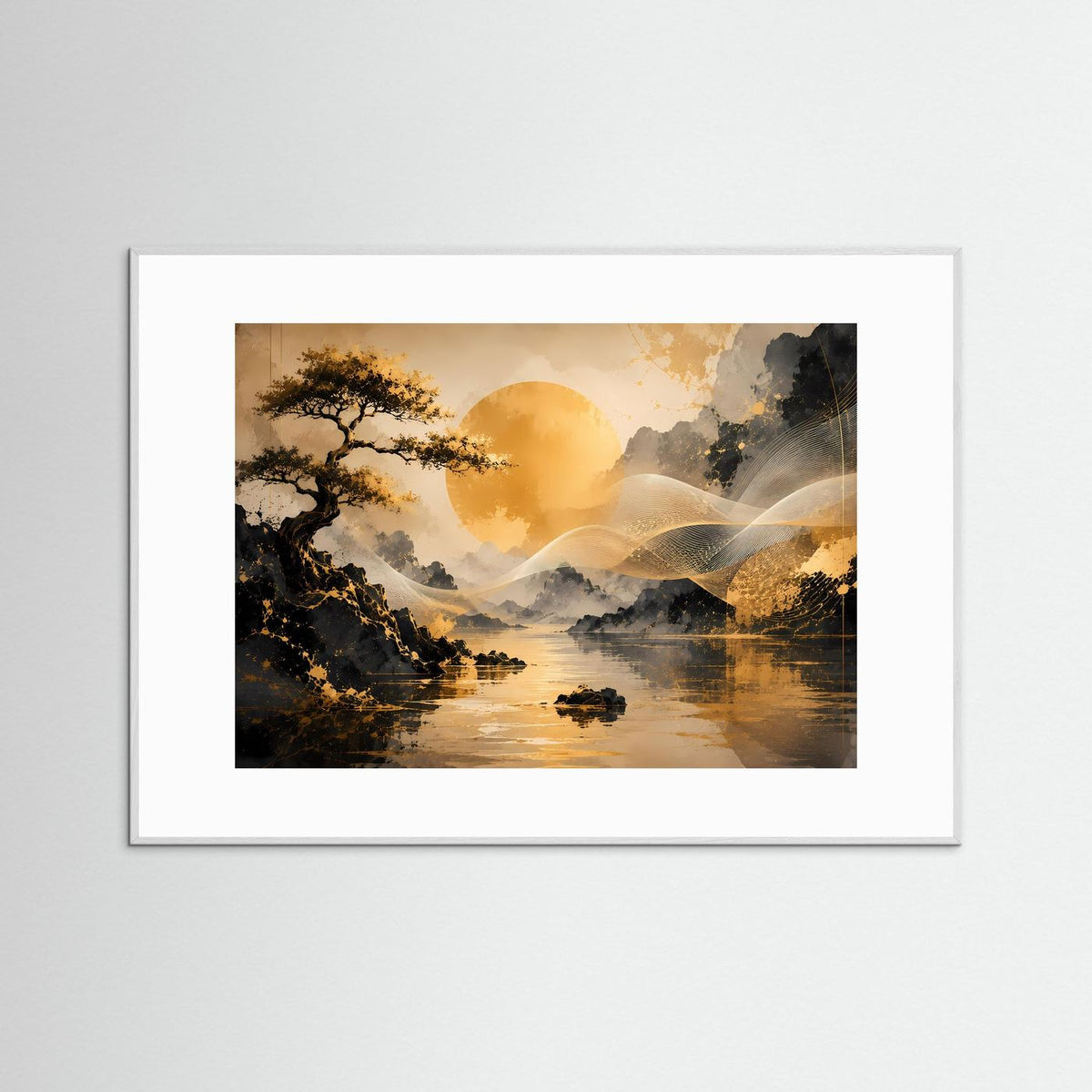 Gerahmtes Poster mit asiatischer Landschaft: goldener Bonsai, See und Berge, weißer Rahmen
