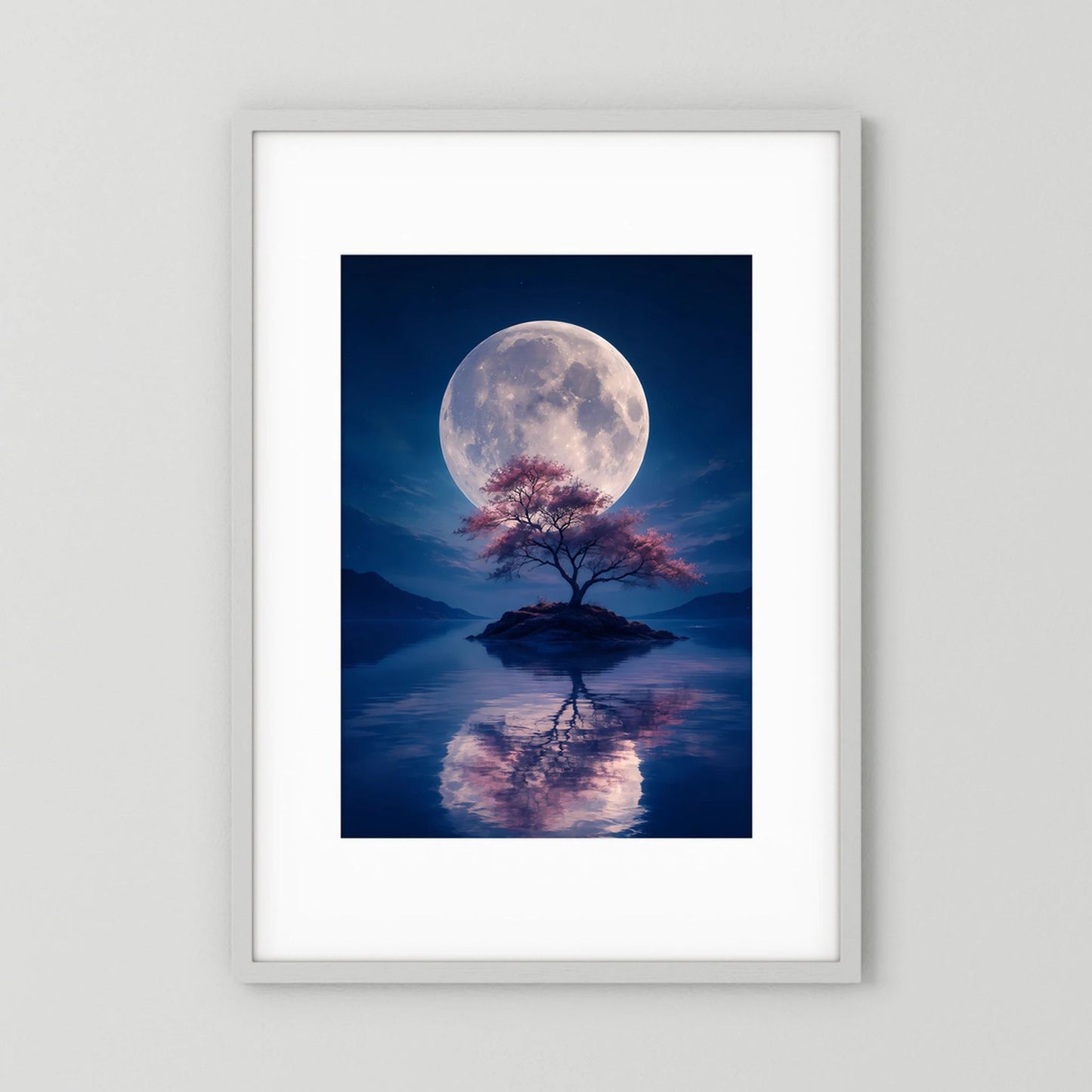 Gerahmtes Hochformatposter mit Vollmond, blühendem Baum und Spiegelung auf ruhigem Wasser