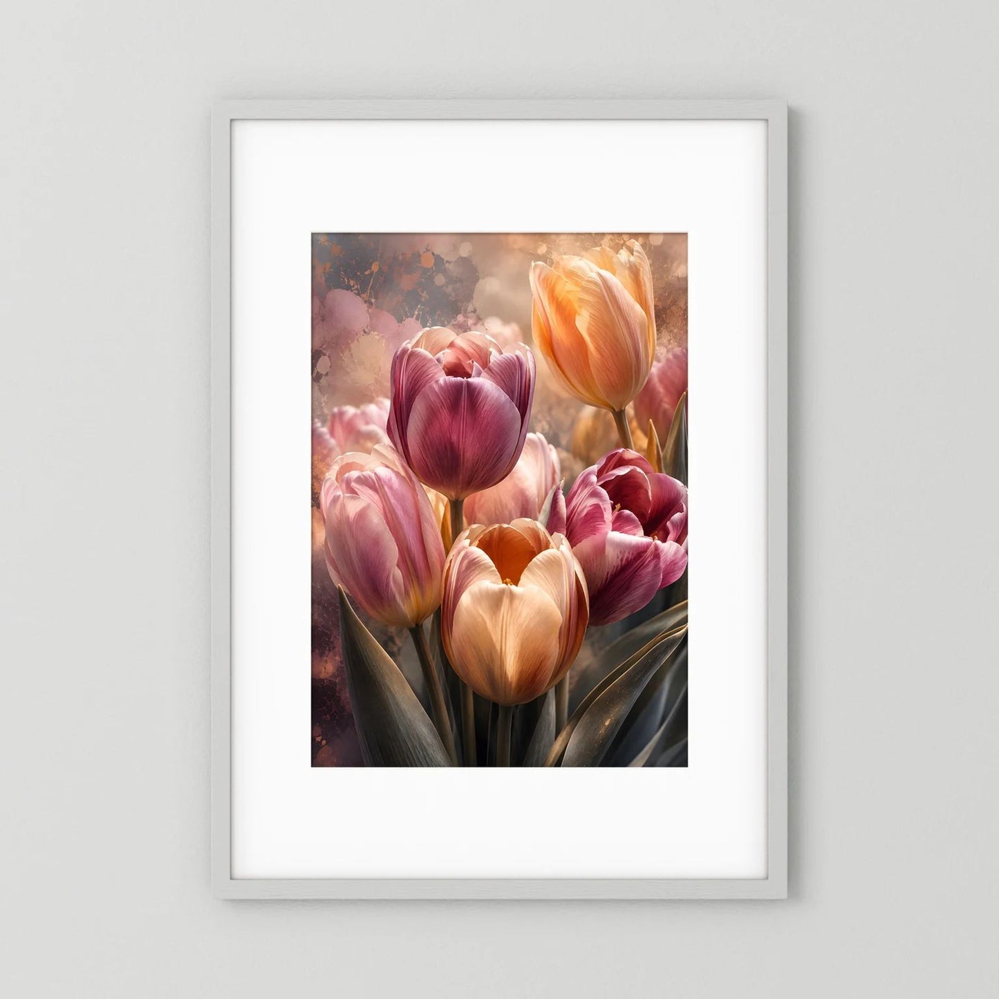 Tulpenposter im Hochformat mit pinken und apricotfarbenen Tulpen im weißen Rahmen