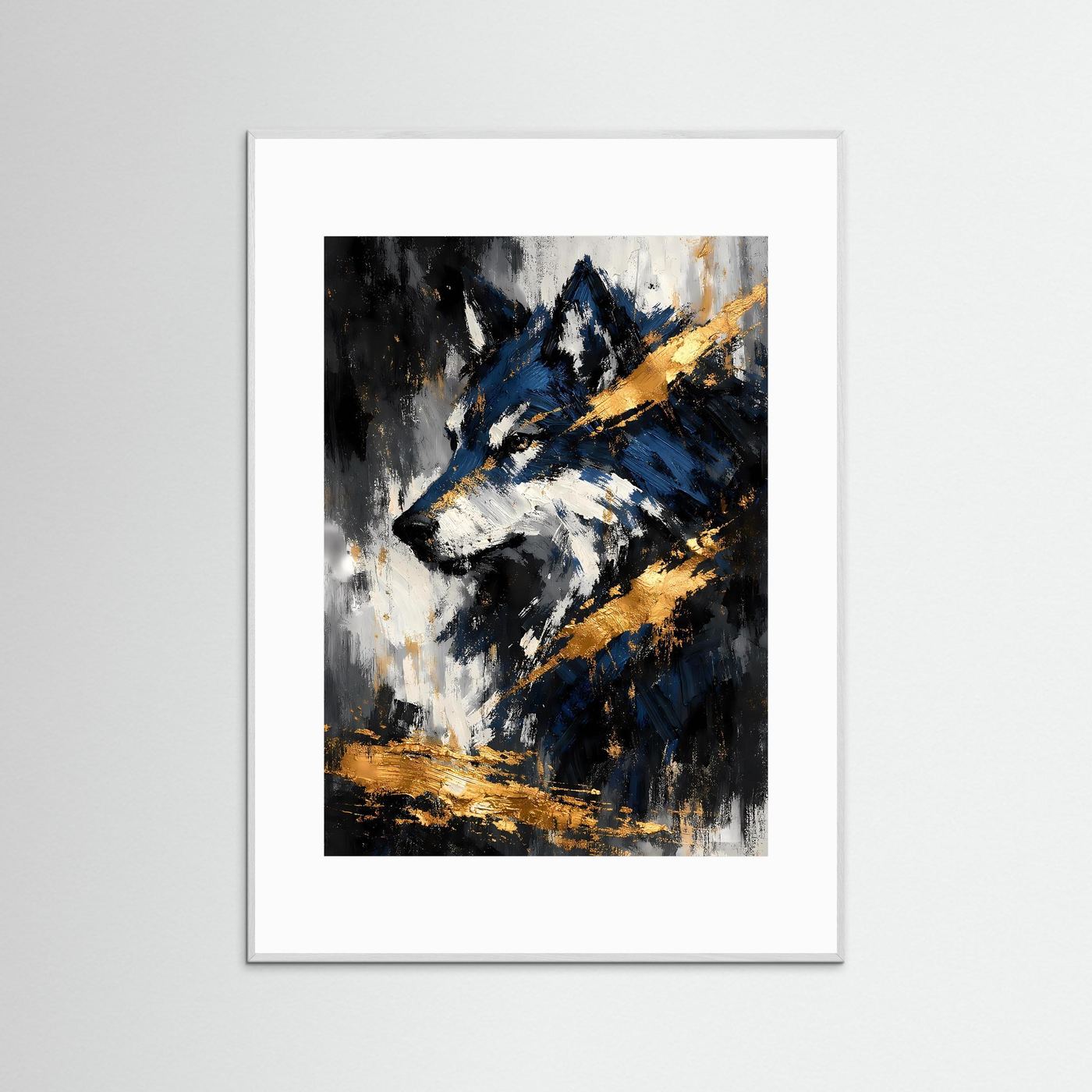 Abstraktes Wolfskopf-Kunstposter (Hochformat) in Blau, Schwarz & Gold, grauer Rahmen