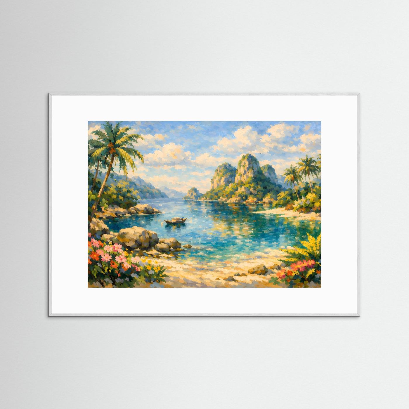 Tropische Paradies-Bucht | Ölmalerei Palmen & Strand Poster Querformat