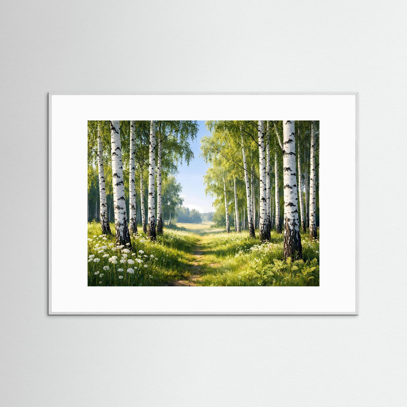 Wandposter Birkenwald und Wiesenweg im Querformat, mit grauem Holzrahmen