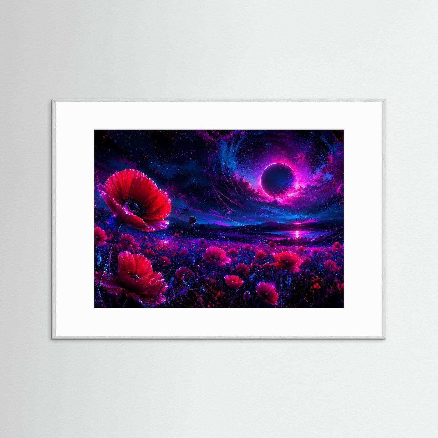 Mohnblumen Poster Querformat | Neon Fantasy Landschaft mit Mond | Abstrakte Moderne Wandkunst