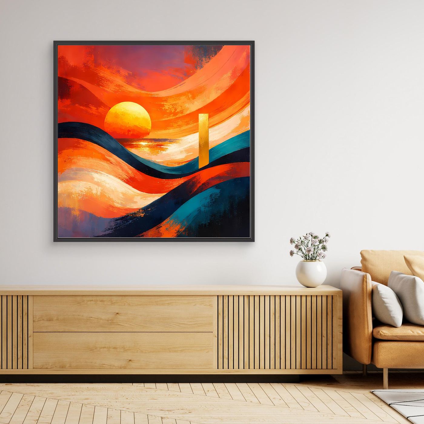 Gerahmtes Leinwandbild mit abstraktem Meer bei Sonnenuntergang im schwarzem Rahmen, orange und blau
