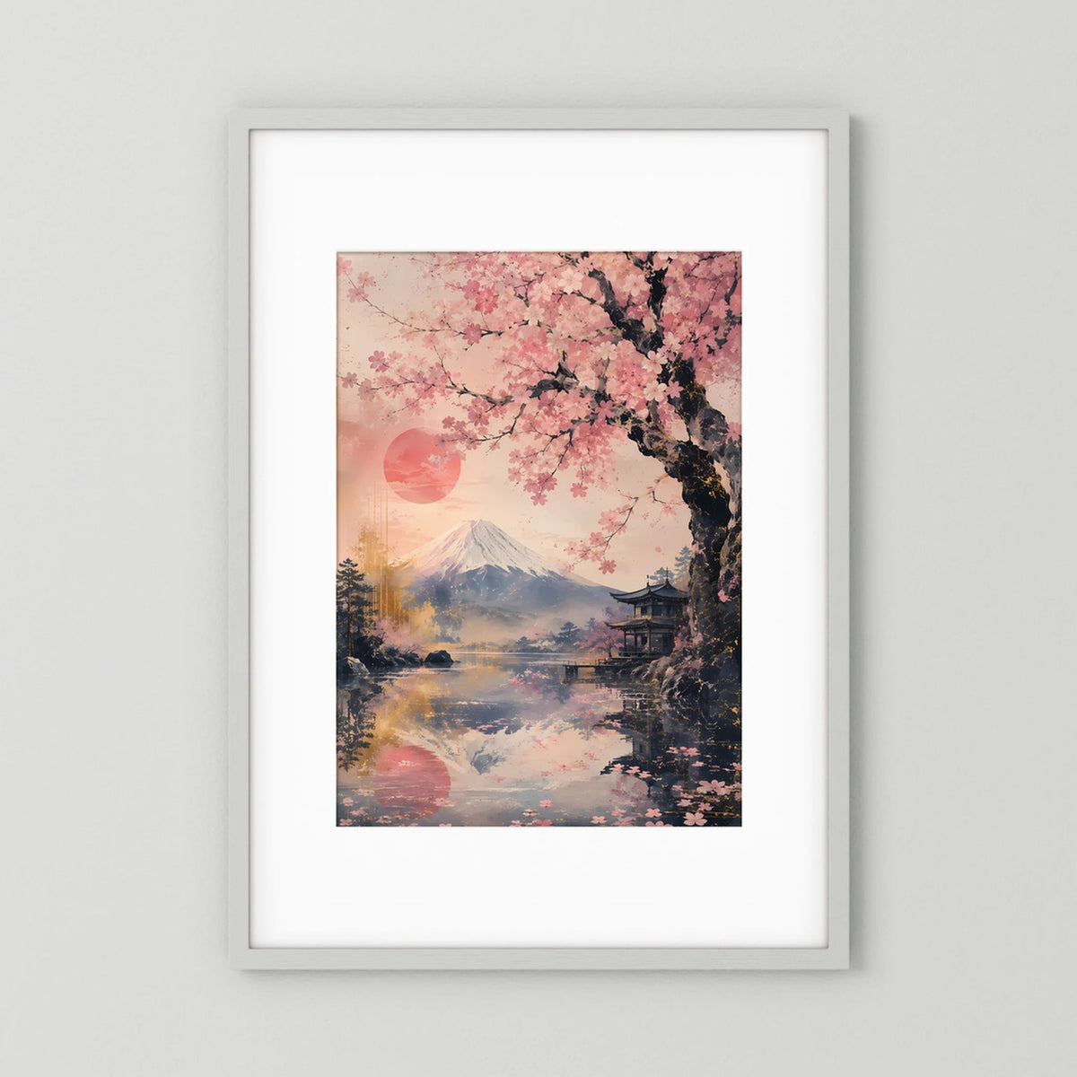 Hochformatiges Poster: Kirschblüten, Fuji im Dunst, See mit Pagode, Rosa- und Goldtöne