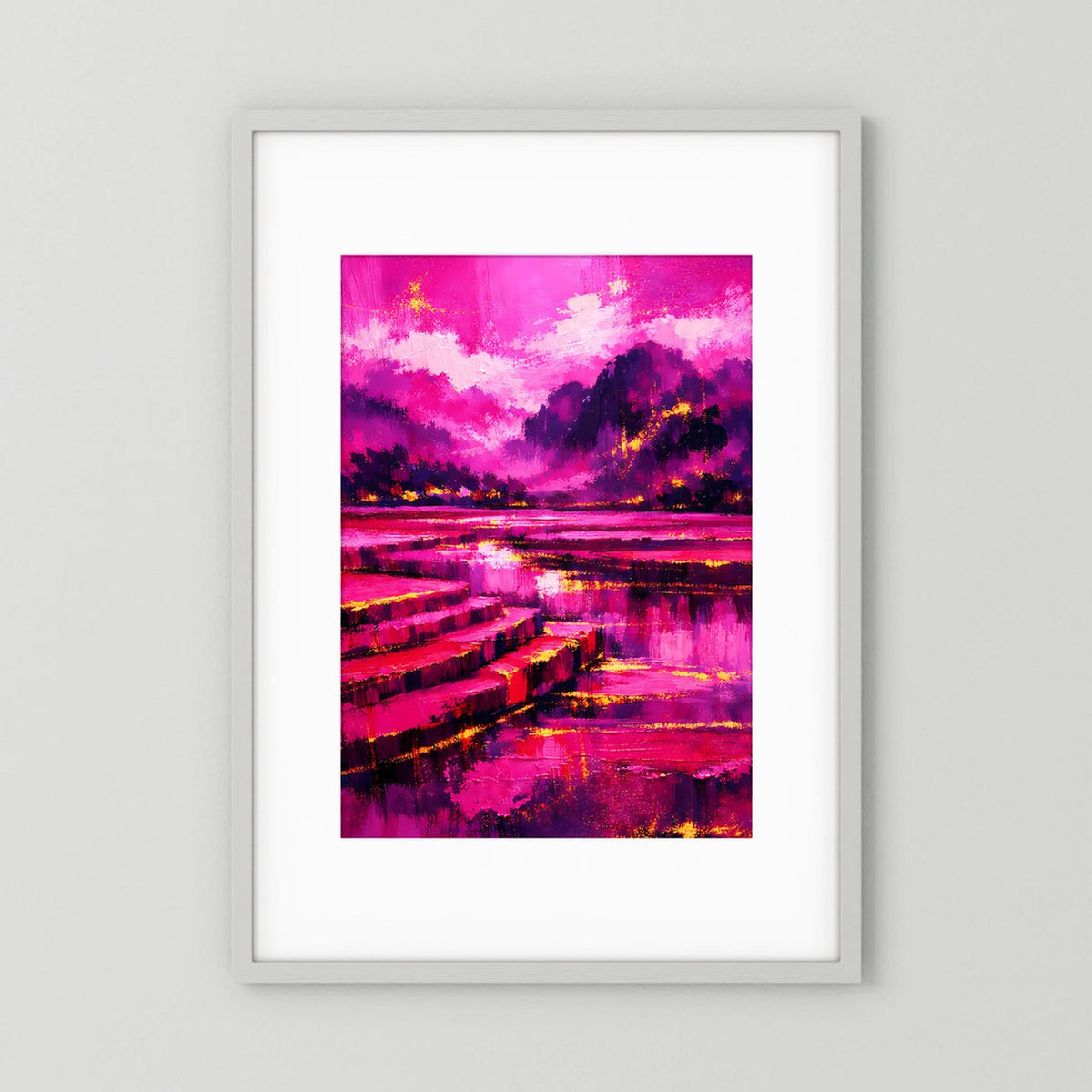 Hochformatiges Poster mit abstrakter Berglandschaft in Pink und Magenta, mit Fluss