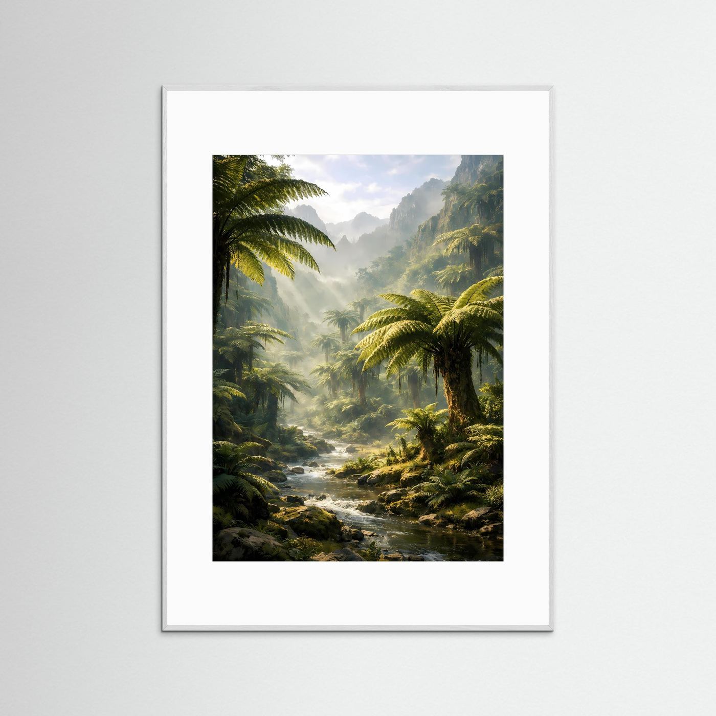 Botanisches Dschungelposter im silbergrauen Rahmen, Fluss durch Palmen und Farne, Hochformat