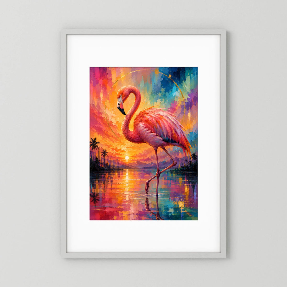 Kunstposter im Hochformat mit pinkem Flamingo vor farbenfroher Sonnenuntergangslandschaft