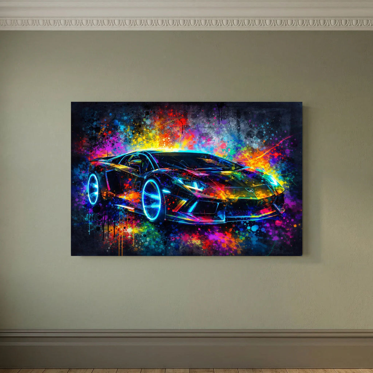 Neonfarbenes Poster mit abstraktem Sportwagen, Farbnebel und Spritzer, querformat