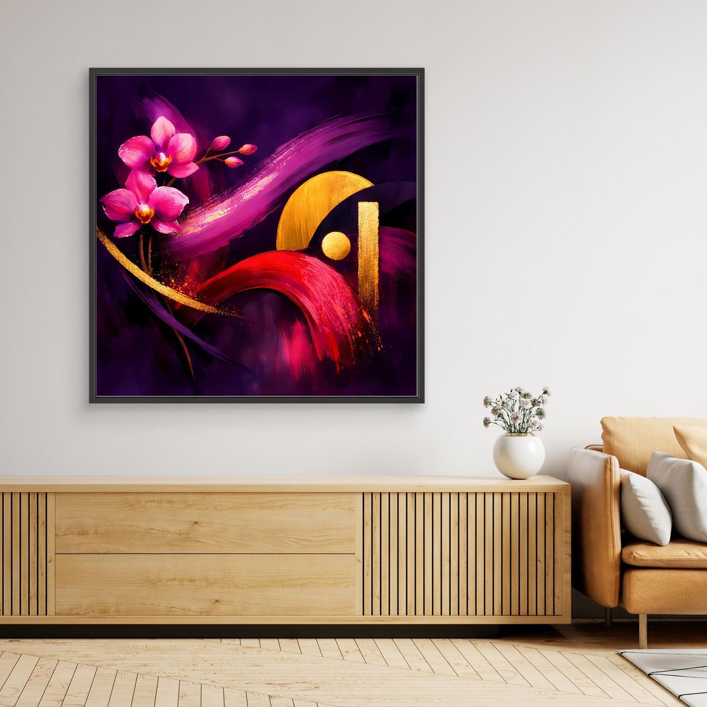 Leinwandbild mit eleganten Orchideen, goldenen Akzenten und violetten Pinselstrichen im schwarzen Rahmen