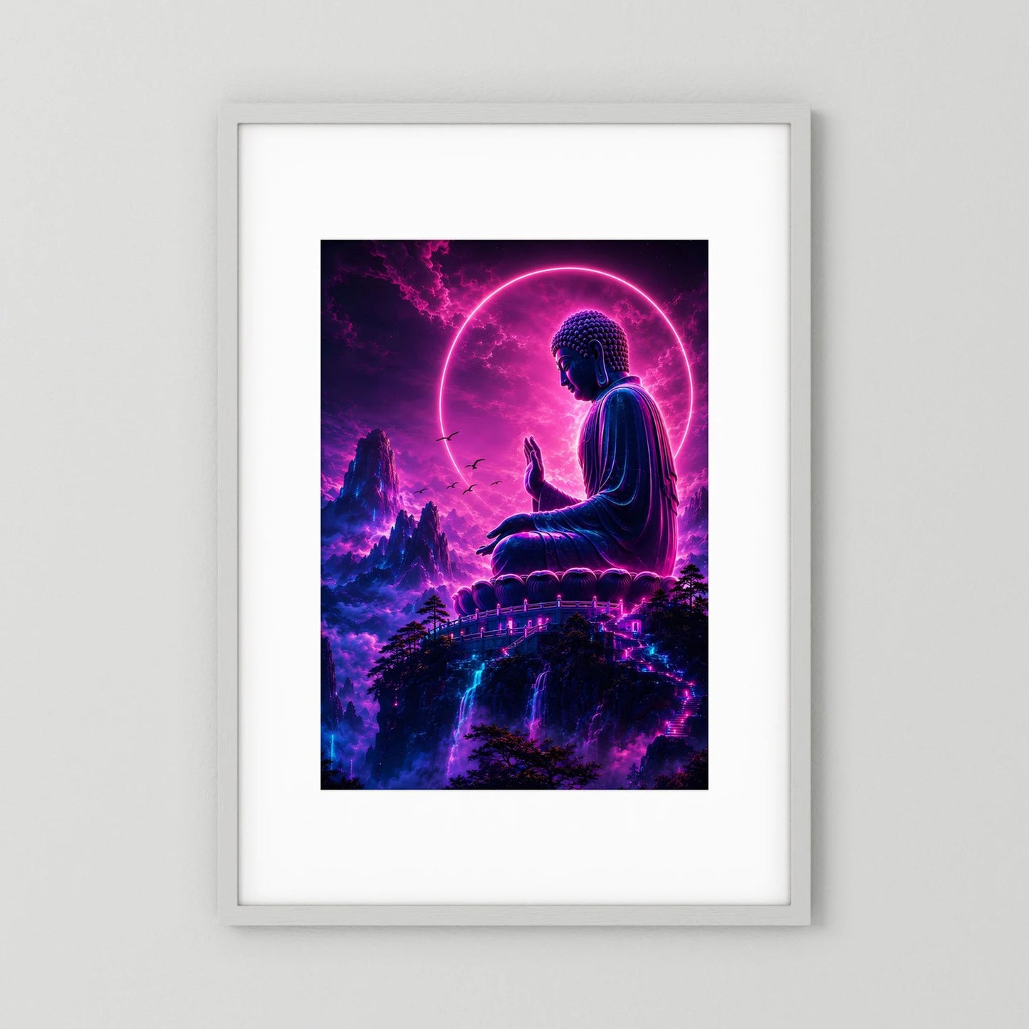 Neon-Buddha-Poster: Buddhafigur mit leuchtendem Kreis, violettem Pink- und Blauton