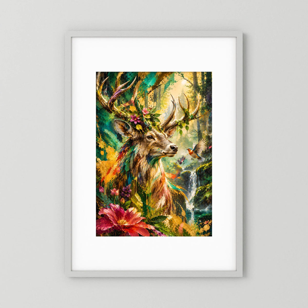 Hochformatiges Tierposter mit Hirsch im Wald, bunte Farben, Wasser im Hintergrund