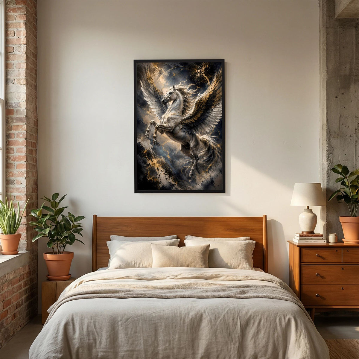 Gerahmtes Pegasus-Poster im Hochformat: silbergraues Pferd mit goldenen Flügeln.