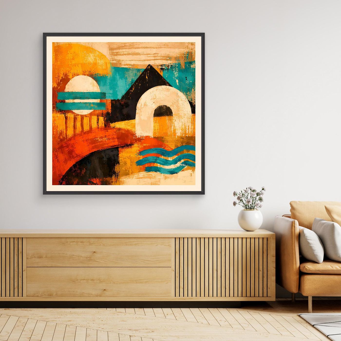 Abstraktes Leinwandbild mit buntem Gesicht, schwarzer Rahmen, orange, türkis, beige und schwarz.