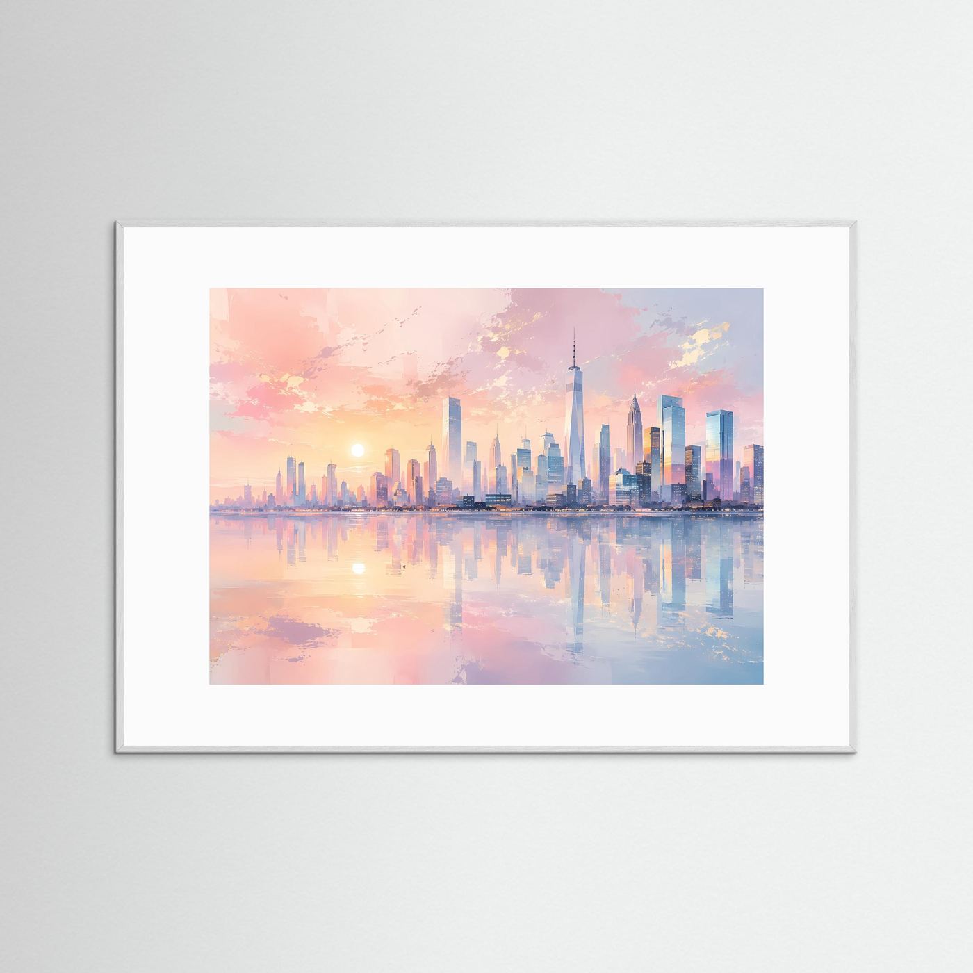 Pastell Skyline bei Sonnenuntergang | Moderne City Art in Rosa & Blau